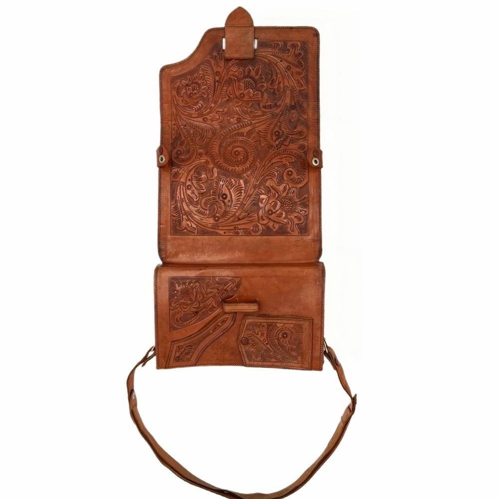 Vintage Mexican Tooled Leather Organizer Crossbody Boho Western Floral Purse Bag - Picture 12 of 13